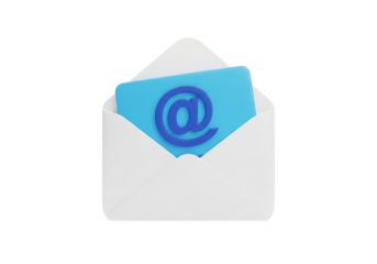 An open white envelope with a blue card showing an at symbol, isolated on transparent background