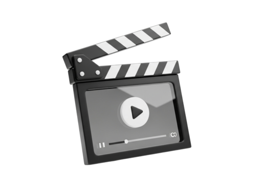 A 3d render of a movie clapperboard with a play button icon on the screen, isolated on transparent background