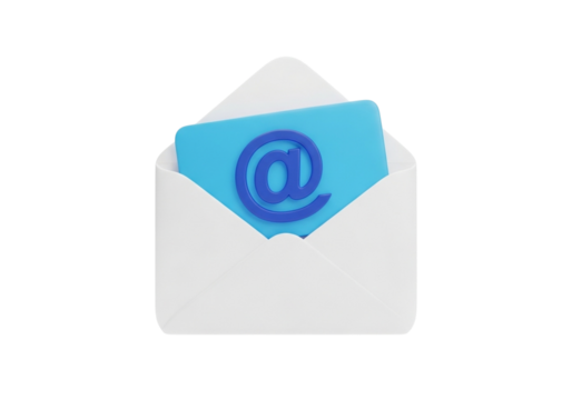 An open white envelope with a blue card showing an at symbol, isolated on transparent background