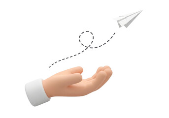 A hand releasing a paper airplane into the air with a dashed line, isolated on transparent background