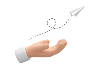 A hand releasing a paper airplane into the air with a dashed line, isolated on transparent background