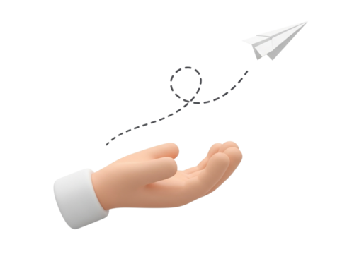 A hand releasing a paper airplane into the air with a dashed line, isolated on transparent background