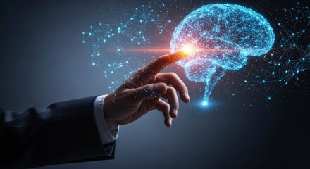 Human hand touching glowing digital brain network, artificial intelligence concept
