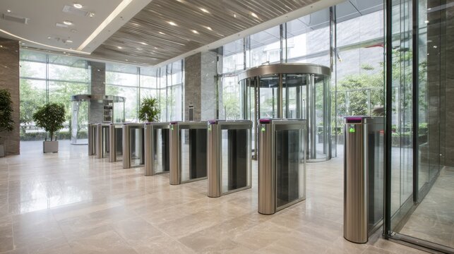 A spacious office lobby showcases sleek turnstiles and an elegant glass facade surrounded by greenery.