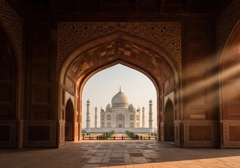 Majestic Taj Mahal standing gracefully as a timeless symbol of love and Mughal architecture.
