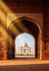 Majestic Taj Mahal standing gracefully as a timeless symbol of love and Mughal architecture.
