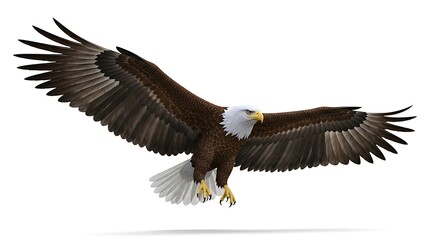 Fototapeta premium Majestic bald eagle with wings spread wide in flight against a clean white background isolated