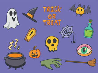 Cute Halloween Cartoon Icon Set with Ghost, Skull, Bat, Pumpkin, and Witch Elements