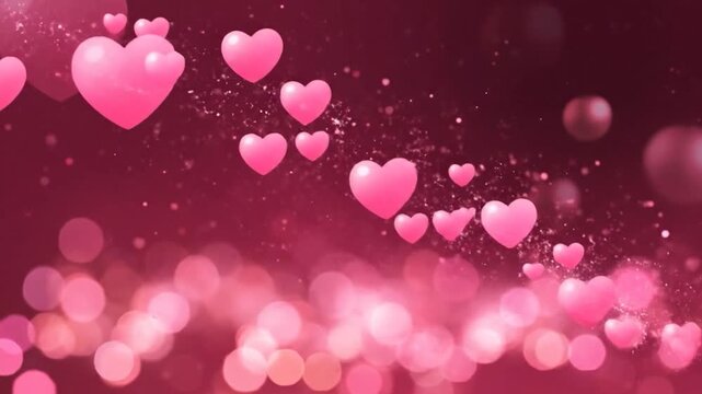 Floating pink hearts and spheres against a blurred, gradient red background with sparkles and bokeh effects