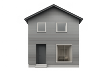 Modern gray house with two levels, windows, and a dark door, presenting a simple residential building. Transparent background