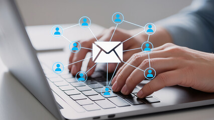 Businessman sending email by laptop for Online people network, Using internet for communication