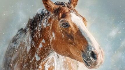 A graceful horse shakes off water droplets enjoying a sunny day at a serene outdoor location.