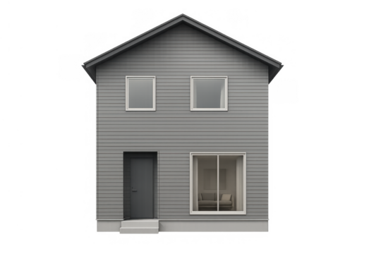 Modern gray house with two levels, windows, and a dark door, presenting a simple residential building. Transparent background