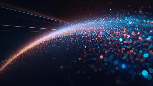 Abstract depiction of light trails transforming into vibrant blue and orange particles against a dark background, creating a dynamic and energetic visual effect. - Powered by Adobe