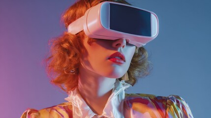 A young woman engages with a virtual reality headset immersed in a colorful modern setting.