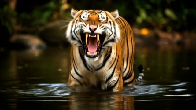 Tiger roars ferociously while standing in dark water with open mouth.