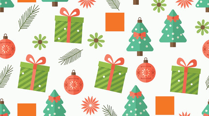 Festive seamless pattern featuring christmas trees, gift boxes, ornaments, and floral elements in a cheerful holiday design for wrapping paper and decor