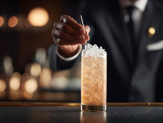 Sophisticated cocktail in a highball glass being garnished at a bar by a bartender. Represents luxury, nightlife, hospitality, and crafted beverages. Ideal for menus or ads.