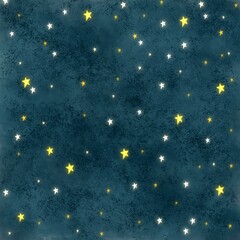 Teal blue background with scattered yellow and white stars. Watercolor starry background.