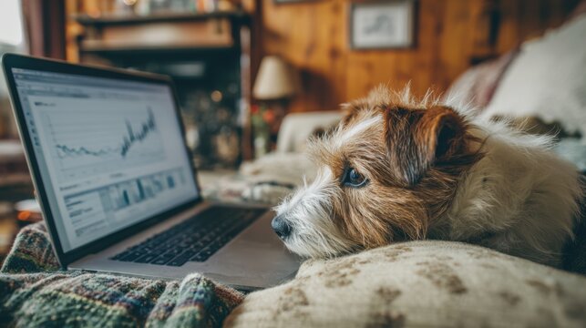 A dog rests on a soft couch observing charts on a computer screen in a cozy inviting space.