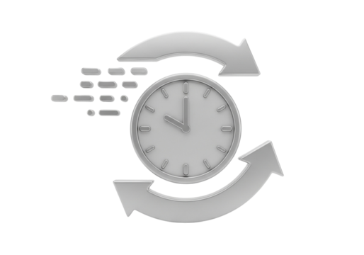 Clock with arrows indicating time passing and speed, isolated on transparent background