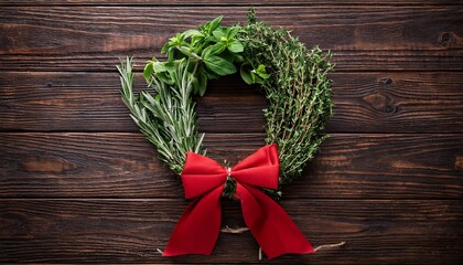Christmas kitchen concept. Top view of wreath made of various herb branches (rosemary, thyme, basil and parsley) with red tied bow  on dark wooden table. Generated image