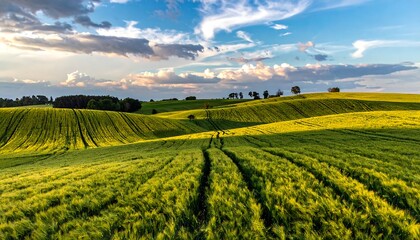 Fototapeta premium Scenic aerial view of a sunlit, rolling countryside field and blue sky