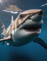 Naklejka premium Great white shark showing powerful jaw and sharp teeth
