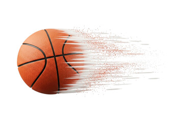 Basketball disintegrating into particles while moving fast, isolated on transparent background