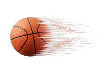 Basketball disintegrating into particles while moving fast, isolated on transparent background