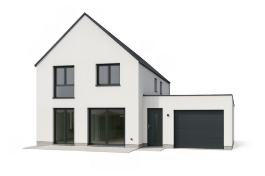 White modern house with gray roof and attached garage on transparent background, showcasing minimalist architecture