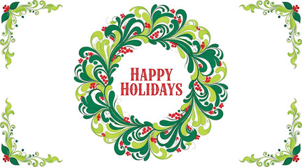Festive holiday wreath with decorative elements and the greeting happy holidays, perfect for seasonal designs and greetings