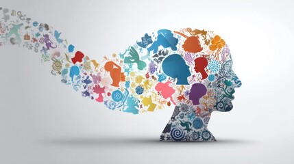 Vibrant colors and intricate designs emerge from a human silhouette symbolizing imagination and creativity.