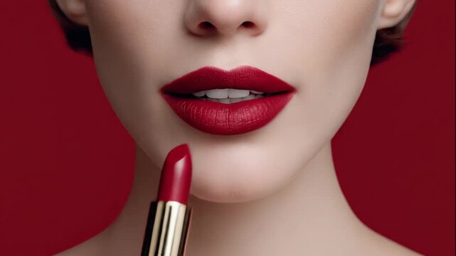 Woman applying deep red lipstick in a beauty close-up. Model with perfect lips and white teeth smiles for a cosmetics commercial. Glamour and fashion makeup concept