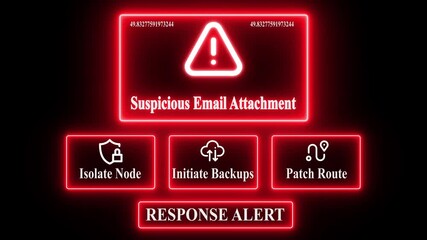 Suspicious Email Attachment notification on digital interface in data center server room with isolate node initiate backup patch route options. glowing neon lights cybersecurity hacking warning.   - Powered by Adobe