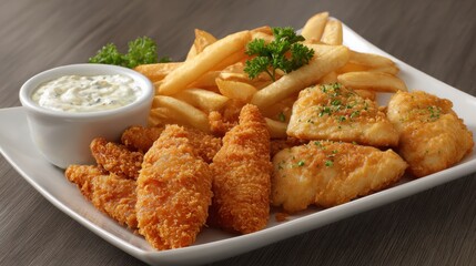Fototapeta premium Delight in a plate of crispy fried fish fillets paired with golden fries and creamy sauce.