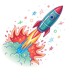 Bold cartoon rocket ship blasting off for space travel and technology concepts