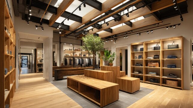 Modern store interior featuring wooden furniture plants and organized display areas for clothing.