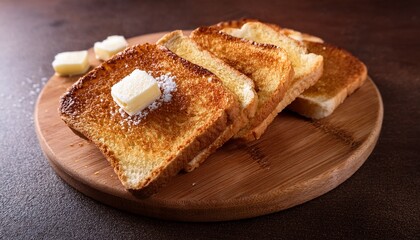 Artisan Sliced Toast Bread With Butter And Sugar On Wooden Cutting Board