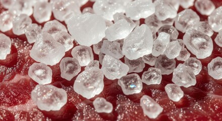Close-up of sugar crystals on red fruit with a