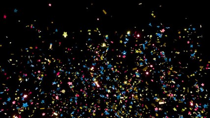 Colorful fireworks of colored confetti explodes on a  black background, animation of the explosion and fall of confetti in 4K format, 3D animation frames, confetti bomb effect from the inside - Powered by Adobe