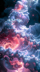 Soft fractal waves in midnight marine colors illuminated by warm coral and  magenta light create an ethereal underwater scene, blending fantasy glow and fluid motion with dreamlike depth and energy
