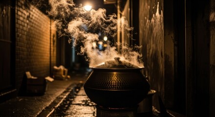 A smoking cauldron in a dark alleyway at night