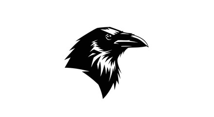 A striking black and white illustration of a raven's head in profile, showcasing its sharp beak and detailed feathers.