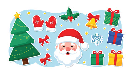Festive christmas sticker set featuring santa claus, christmas tree, mittens, holly, bell, gift boxes, bows, and snowflakes, perfect for holidaythemed decorations