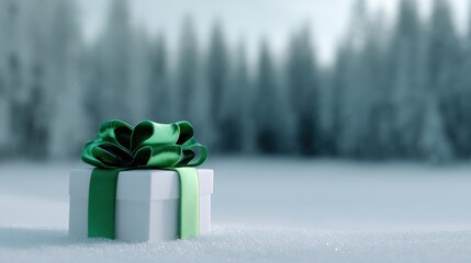 3d rendering of a white gift box with a green ribbon tied in a bow on top. the gift box is placed on a snowy surface with a blurred background of trees.