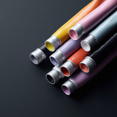Fototapeta premium Vibrant, artistic composition featuring colorful paint tubes arranged diagonally on a dark surface. Perfect for creative concepts, design, art supplies, and colorful backgrounds.