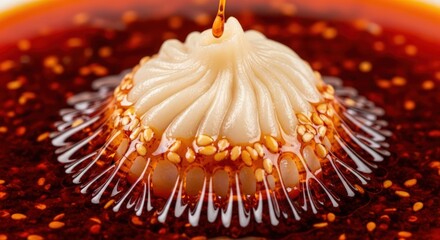 Close-up of a dollop of cream on a red sauce with