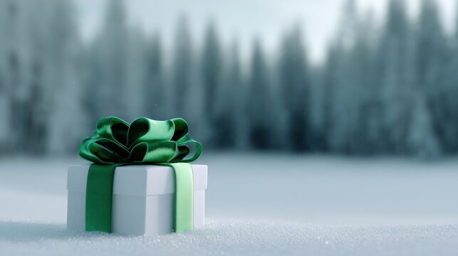 3d rendering of a white gift box with a green ribbon tied in a bow on top. the gift box is placed on a snowy surface with a blurred background of trees.
