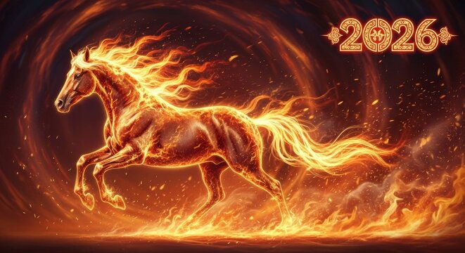 Majestic fire horse running 2026, chinese new year zodiac symbol, power and energy